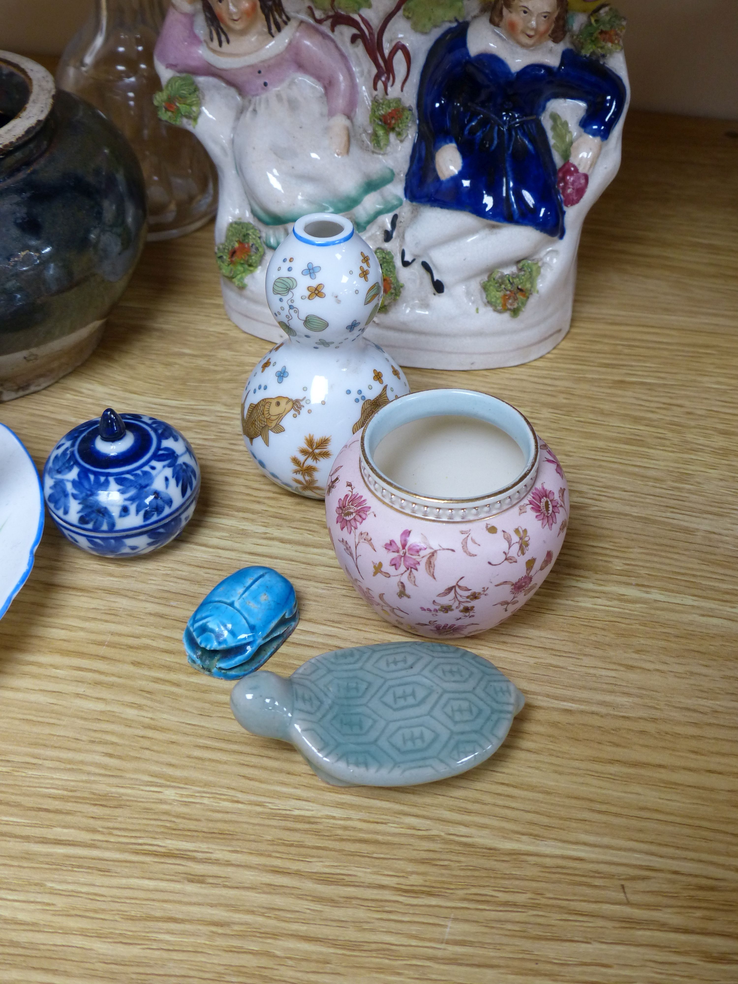 A group of ceramics including a Shelley cup and saucer, a Staffordshire flatback, a Wedgwood miniature bowl etc.